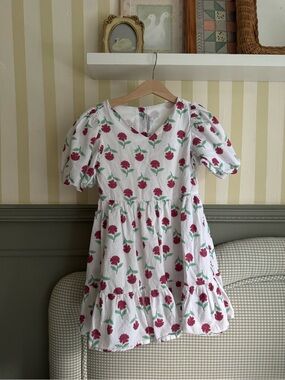 Janie & Jack White Floral Puff Sleeve Tiered Dress with Red Roses